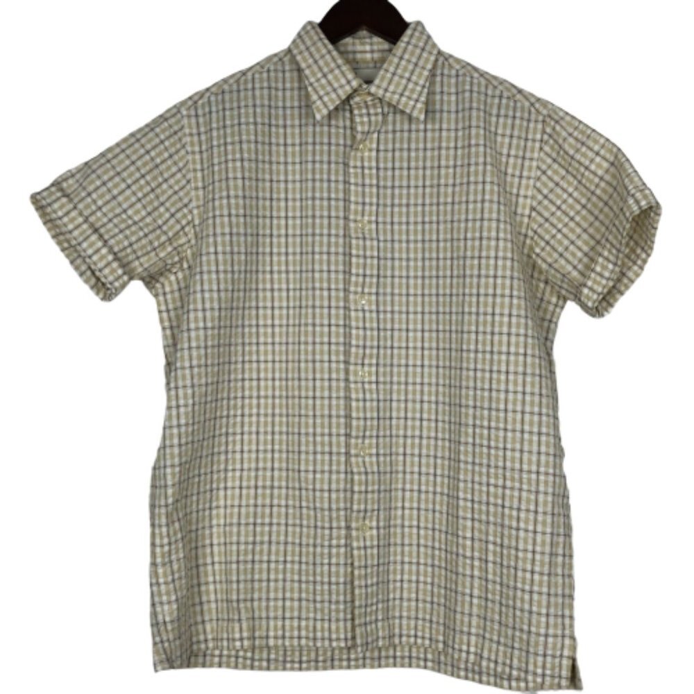 Perry Ellis Mens Short Sleeve Button Down Shirt Beige Size Medium Plaid Pocket